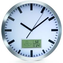 Perel Horloge murale, ronde, analogique, 25 cm, écran LCD avec thermomètre, hygromètre et prévisions météorologiques, aluminium, argent