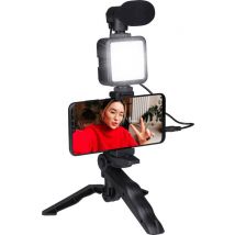 Grundig Phone Tripod with Lamp - Trépied pour téléphone avec microphone - LED avec 3 réglages de couleur - téléphones 53 à 84MM - Table Top et Selfie Stick - Plastique - Noir
