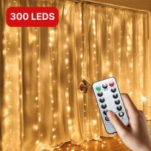 Nuvance - Rideau lumineux LED avec télécommande et 8 niveaux - Lumières de Noël pour l'intérieur et l'extérieur - 300 Leds - 3x3 Mètres - Blanc chaud - Décorations de Noël - Décoration de Noël