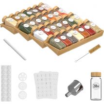 Noswo Spice Rack Drawer - With 28 Jars - Complete Set - Square - Sprinkle Lid and Labels - Spice Organiser - Kitchen Drawer Organiser - Bamboo