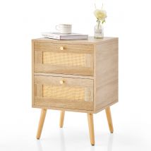 Table de chevet en rotin avec 2 tiroirs - Mid-Century Modern - Pieds en bois massif - Design naturel