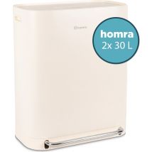 Poubelle Homra Rockx 60 Litres - Duo Poubelle à Pédale 2 x 30L avec Filtre à Odeurs - Poubelle de Tri en Inox à 2 Compartiments - Poubelle de Recyclage - Poubelle de Cuisine pour le Tri des Déchets - Double Poubelle Blanc Crème
