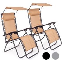 LifeGoods Chaises de jardin pliables - avec auvent - parasol réglable - 2 pièces - 30°-90° réglable - métal - beige