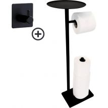 Support de toilette avec plateau et porte-rouleau - Noir - Crochet porte-serviette inclus