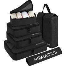 Nomadius® Packing Cubes Set - Premium Travel Organiser - Durable SBS Zips - Waterproof - Set de rangement pour valise - Incl. sac à chaussures et sac à linge - Travel Bag for Suitcases, Bags and Backpack - Black