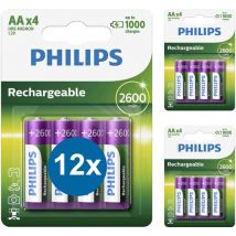 Piles rechargeables Philips AA - 12 pièces (3 blisters de 4 pièces) - Piles NiMH HR6 - 2600 mAh