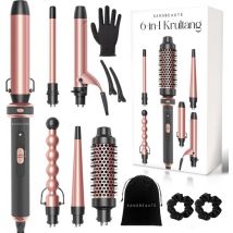 Sansbeauté® 6 en 1 Fer à boucler avec pince - Fer à boucler en céramique - 13mm à 38mm - Brosse pour sèche-cheveux cheveux courts - Brosse chauffante - Boucleurs - Brosse thermique - Styler les cheveux - Brosse à boucler 5 en 1