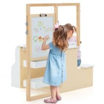 Bureau d'enfant en bois 2-en-1 avec banc - Planche à dessin double face, réglable - Comprend un rouleau de papier, des crayons et un chevalet magnétique - Blanc