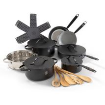 BE Living Essential 6-piece cookware set - Poêles à frire + Marmite + Casserole + Saucière + Cuit-vapeur + Ustensiles de cuisine + Protecteurs de poêle - Avec couvercle - Céramique - Sans PFAS - Induction - Noir
