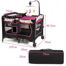 Lit bébé portable - Coast - 3 en 1 – Avec table à langer, aire de jeu, mobile et boîte à musique – Pliable – Noir & rose