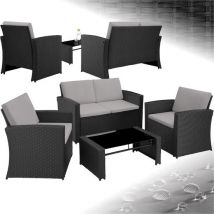 tectake® Ensemble de jardin en osier pour 4 personnes - Banc de jardin 2 places et 2 chaises de jardin - Table avec plateau en verre amovible - Coussins d'assise et de dossier confortables - Ensemble de salon pour jardin, terrasse, balcon - Noir