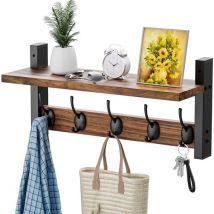 Porte-manteau mural avec étagère et 5 crochets - Porte-manteau multifonctionnel en bois pour l'entrée, la salle de bain, la chambre et la cuisine