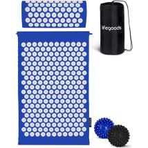 LifeGoods Tapis d'acupression avec coussin - Tapis Shakti - Tapis pour ongles avec 2 balles pour points de déclenchement - 66x40x2cm - Bleu/Blanc