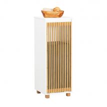 SoBuy Meuble de salle de bain sur pied - Meuble de salle de bain étroit - 1 panier à linge basculant - 1 porte en bambou - 32 x 33 x 85 cm - Blanc