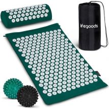 LifeGoods Tapis d'acupression avec coussin - Tapis Shakti - Tapis pour ongles avec 2 balles pour points de déclenchement - 66x40x2cm - Vert/Blanc