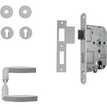 AXA Inner door hardware set (Curve Click) Aluminium poli : Levier (modèle Curve) sur rosace avec trou de cylindre et serrure avec têtière blanche.