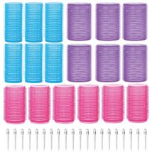 Set de 18 bigoudis - 20 pinces à cheveux incluses - Grandes - Sans chaleur - 3 tailles - bleu/rose