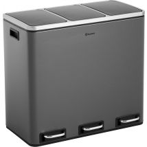 Homra SPARQ Poubelle 3 compartiments - 3 x 18 L - 54 Litres - Gris - Acier inoxydable - Poubelle à pédale Trio - Poubelle de recyclage à 3 compartiments - Séparation hygiénique des déchets - Poubelle de cuisine grise - Poubelle de bureau - Pédale - Poubel