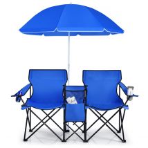 Chaise de camping double pliable Coast, avec parasol, porte-gobelet et sac isotherme, bleu