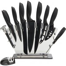 KitchenBrothers Set de couteaux - Bloc de couteaux - 17 pièces - avec ciseaux de cuisine et aiguiseur de couteaux - Noir
