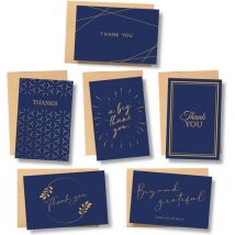 Partizzle 36x Luxury Thank You Cards With Envelopes Set - Thank You Cards - Postcards - Cards Set - 15x10 cm - Navy Blue & Gold
