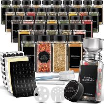 Soothe 36 pots à épices en verre carrés avec couvercle noir - 2 types de couvercles à saupoudrer - Spice Spreader - pots à épices - Set complet avec stickers à épices, stick à craie et accessoires - 120ml