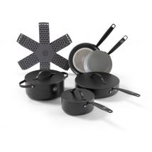 BE Living Essential Ensemble de poêles 5 pièces - Poêles à frire + Poêles à ragoût + Casseroles + Casseroles + Protecteurs de poêles - Avec couvercle - Céramique - Sans PFAS - Induction - Noir