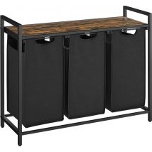 O'DADDY® Panier à linge 3 compartiments - trieur de linge - extensible avec étagère - 92.5 x 33 x 71 cm - panier à linge - 168 L divisé en 3 poches - paniers à linge - panier à linge métal noir - bois brun