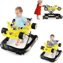 COSTWAY 4 in 1 Baby Walker, trotteur en forme de voiture avec hauteur réglable et plateau de jeu amovible (jaune)