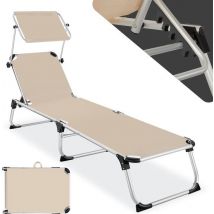 tectake® Chaise longue avec toit | Chaise longue de balcon en aluminium | Chaise longue de jardin pliante, résistante aux intempéries | Chaise longue pour le jardin, le camping et la plage avec dossier réglable et 2 poignées - Beige