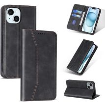 Podec Case with Card Holder Suitable for iPhone 15 Black Phone Case - Anti-Shock Bookcase Cover with 1x Screen Protector - Wallet Case