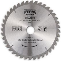 FERM - MSA1025 - Lame de scie - 210x30/18/16mm - T40 - Dents TCT - Diamètre : - 210mm - Alésage : - 30mm - 18mm - 16mm - Universelle - Pour couper - Bois - Convient très bien pour : - Tronçonneuses - MSM1039 - MSM1037 - MSM1035 - MSM1034 - Table de sciage