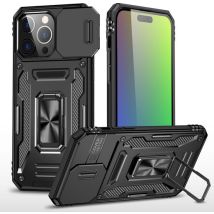Podec Case suitable for iPhone 15 Pro Black Phone Case - Anti-Shock Case Cover Hybrid Armor Case with Kickstand Ring with Screen Protector