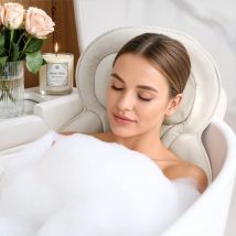 Coussin de bain Goliving - Coussin ergonomique pour le bain - Avec 6 ventouses - Sac de lavage inclus - Antidérapant, léger et imperméable - 100% Polyester - Blanc