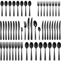 Deleca 12 Person Cutlery Set Essential (72 pieces) - Spoons, Knives, Forks, Steak Knives & Pastry Forks - Dishher Safe Cutlery - Shiny Black / Stainless Steel