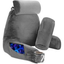 Coussin de lecture pour le lit - Bonne posture au lit - Avec 3 compartiments de rangement - Coussin dorsal pour le bas du dos - Siège de lecture pour le canapé - Gris - Soft & Silky