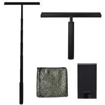 TTD® Essuyeur de douche 2-en-1 avec long manche extensible - 97 cm - Lame d'essuyage en silicone - Ergonomique - Avec chiffon en microfibre et crochet de suspension - Essuyeur de douche - Essuyeur de sol de salle de bains - Raclette de sol - Noir