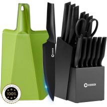 Couteaux en set avec bloc et planche à découper pliante - COOCK - Couteaux de cuisine - Ciseaux - Aiguiseur de couteaux - Set d'ustensiles de cuisine 15 pièces dans un bloc à couteaux - Acier inoxydable - Avec revêtement 'Non Stick' - Noir