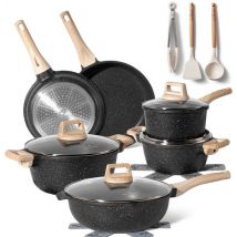Just Perfecto 15 Piece Induction Cookware Set - Black Cookware Set With Lid For Gas and Induction - PFAS free - Cold grips