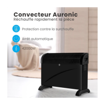 Radiateur Convecteur Électrique Réglable - Auronic - 750/1250/2000 Watts - 3 Niveaux de Chaleur - Thermostat Réglable - 53,5 x 19,6 x 38,5 cm - Noir