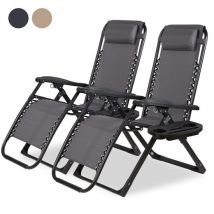 Novitaa Chaise longue pliable Duoset - Réglable - 30°-90° - Porte-tasses et téléphone - Chaise de jardin - Métal - Gris