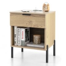 Table de chevet moderne avec station de chargement Table de chevet avec tiroir et compartiment ouvert Table de rangement avec grain de bois et pieds métalliques robustes Naturel