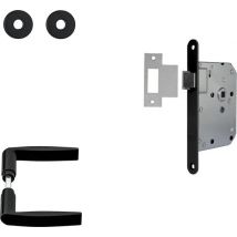 Ensemble de quincaillerie pour porte intérieure AXA (Curve Click) Noir poli : Levier (modèle Curve) sur rosace et serrure avec têtière noire.