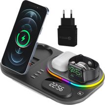 iSetchi Wireless Qi Charger 15 Watt Fast Charger (4-in-1) - Avec adaptateur Quick Charge 3.0, horloge LED et lampe LED - Station de charge Qi