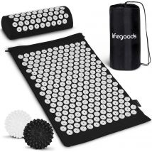 Tapis d'acupression avec coussin LifeGoods - Tapis Shakti - Tapis pour relaxation avec 2 balles - 66x40x2cm - Noir/Blanc