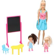 Eddy Toys Set de poupées - Thème de l'école - 1 grande poupée, 2 petites poupées - avec tableau, table et chaise - 29 CM