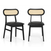 Lot de 2 chaises en bois rembourrées Mid-Century Black avec revêtement en similicuir et dossier en rotin élégant - 55x56x83 cm