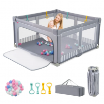 Coast Large Baby Box pliable 150x150 cm Grey - Barrière de jeu sécurisée avec fermeture éclair, 50 boules de mer et 4 anneaux de levage