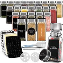 Soothe 24 pots à épices carrés en verre avec couvercle en acier inoxydable - 2 types de couvercles à saupoudrer - Spice Spreader - pots à épices - Set complet avec stickers à épices, stick à craie et accessoires - 120ml