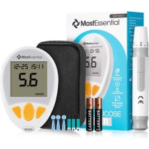 MostEssential Premium Glucose Meter Starter Pack - Blood Glucose Meter - Diabetes Meter - All in one set - Inclut un sac de rangement, un stylo autopiqueur, 10 bandelettes réactives et 10 lancettes.